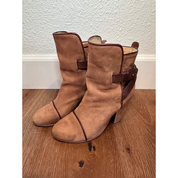 RAG & BONE Tan Suede Leather Buckle Ankle Boots Block Heel Women's Size 7 - Picture 2 of 10